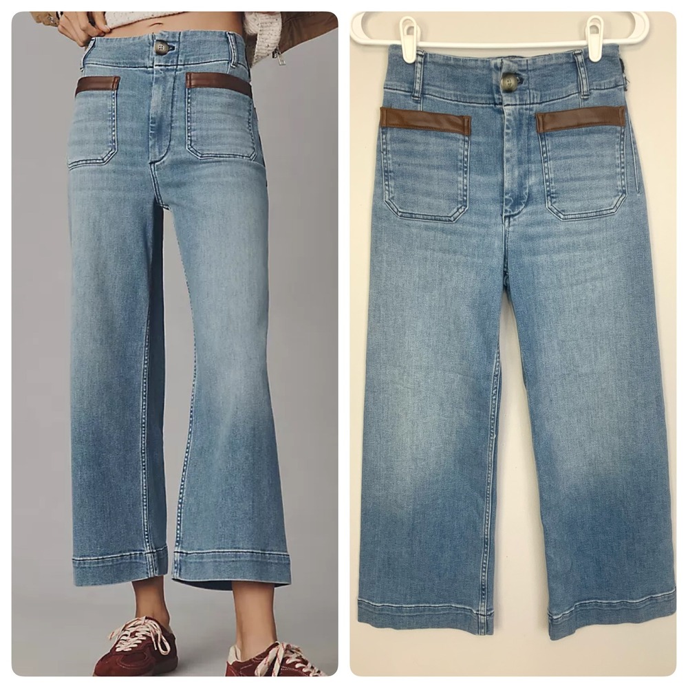 Maeve Anthropologie Sz 26 The Collette Leather Trim Wide Leg Cropped Blue Jeans